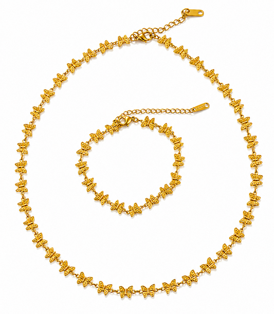 Gold necklace and bracelet set on a white background