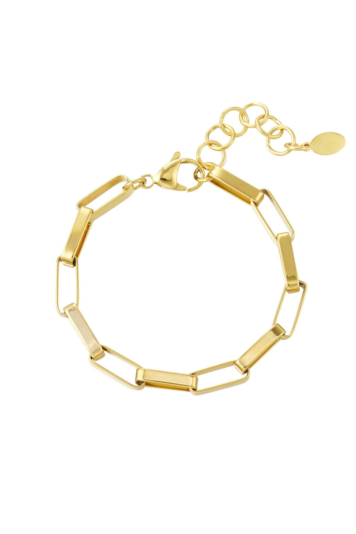 A gold-toned metal link bracelet with elongated rectangular links, a lobster clasp, and an extender chain with a small oval tag, shown on a plain white background.