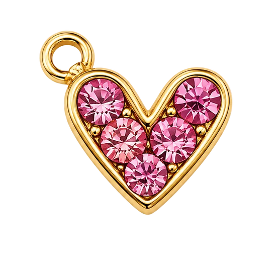 A heart-shaped gold pendant charm featuring five round-cut pink gemstones in a pave setting, with a small top loop, shown on a white and gray checkered background.