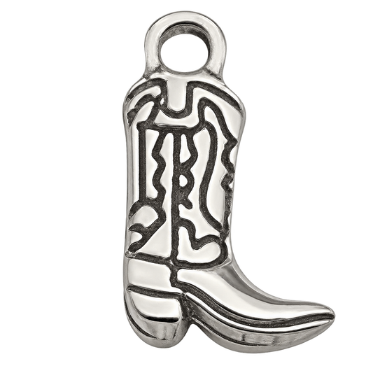 A silver-toned metal charm shaped like a cowboy boot with engraved decorative details and a hanging loop at the top, shown on a plain white background.