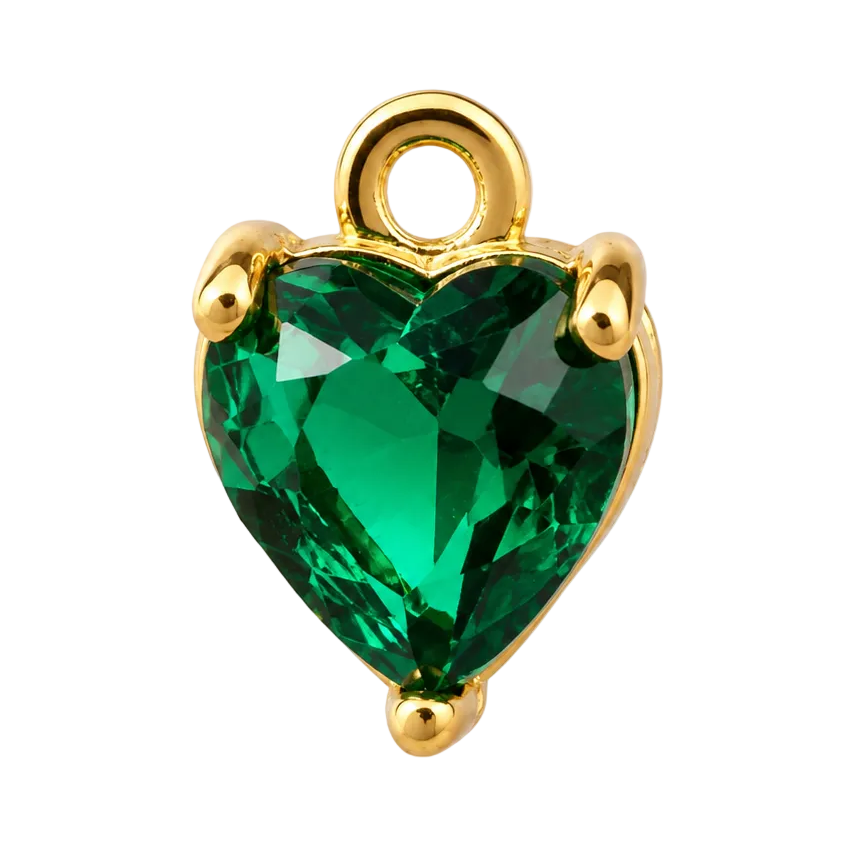 A heart-shaped green gemstone charm with a gold-plated bail and prongs, shown on a solid white background.