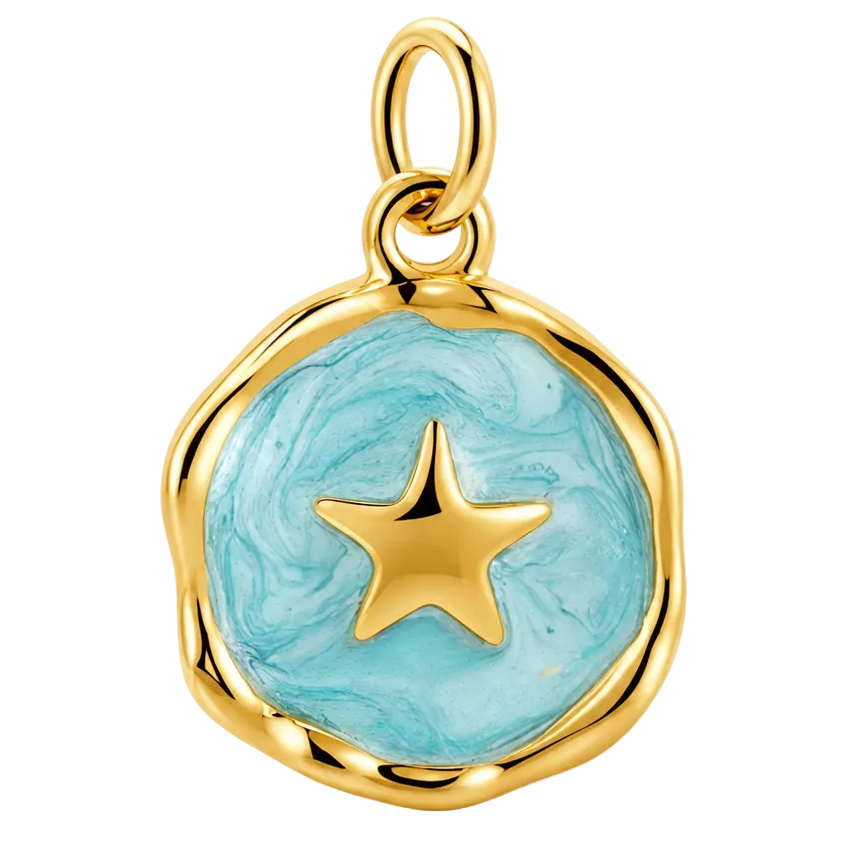 A gold charm pendant featuring a wavy circular bezel with a light blue marbled resin background and a central gold star, shown on a clean white background.