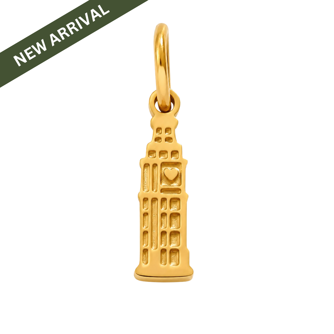 Gold Big Ben tower charm on a white background with 'NEW ARRIVAL' text.