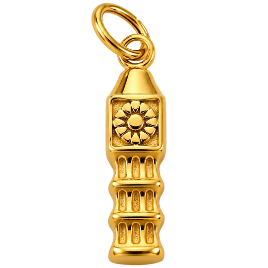 A polished gold pendant shaped like Big Ben, featuring a detailed clock face and tower design, shown on a plain white background.