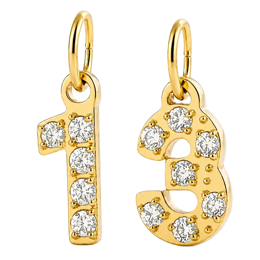 A pair of gold numerals '1' and '3' charms, each adorned with clear round-cut gemstones, shown on a clean white background.