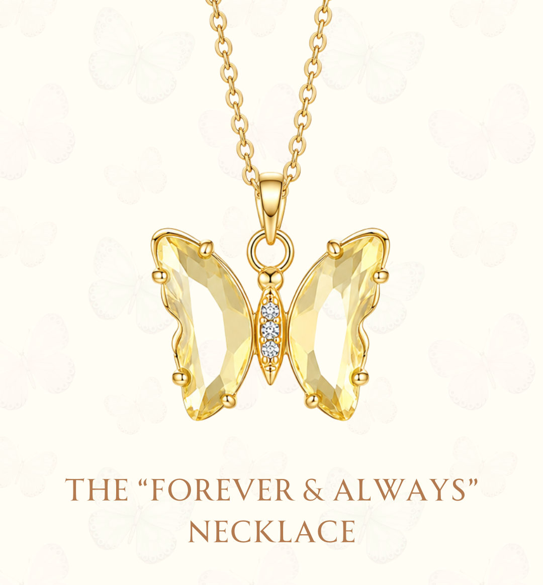 A gold butterfly pendant necklace with clear faceted gemstones on a white background, featuring the text 'THE "FOREVER & ALWAYS" NECKLACE' and the website 'www.hebejewel.