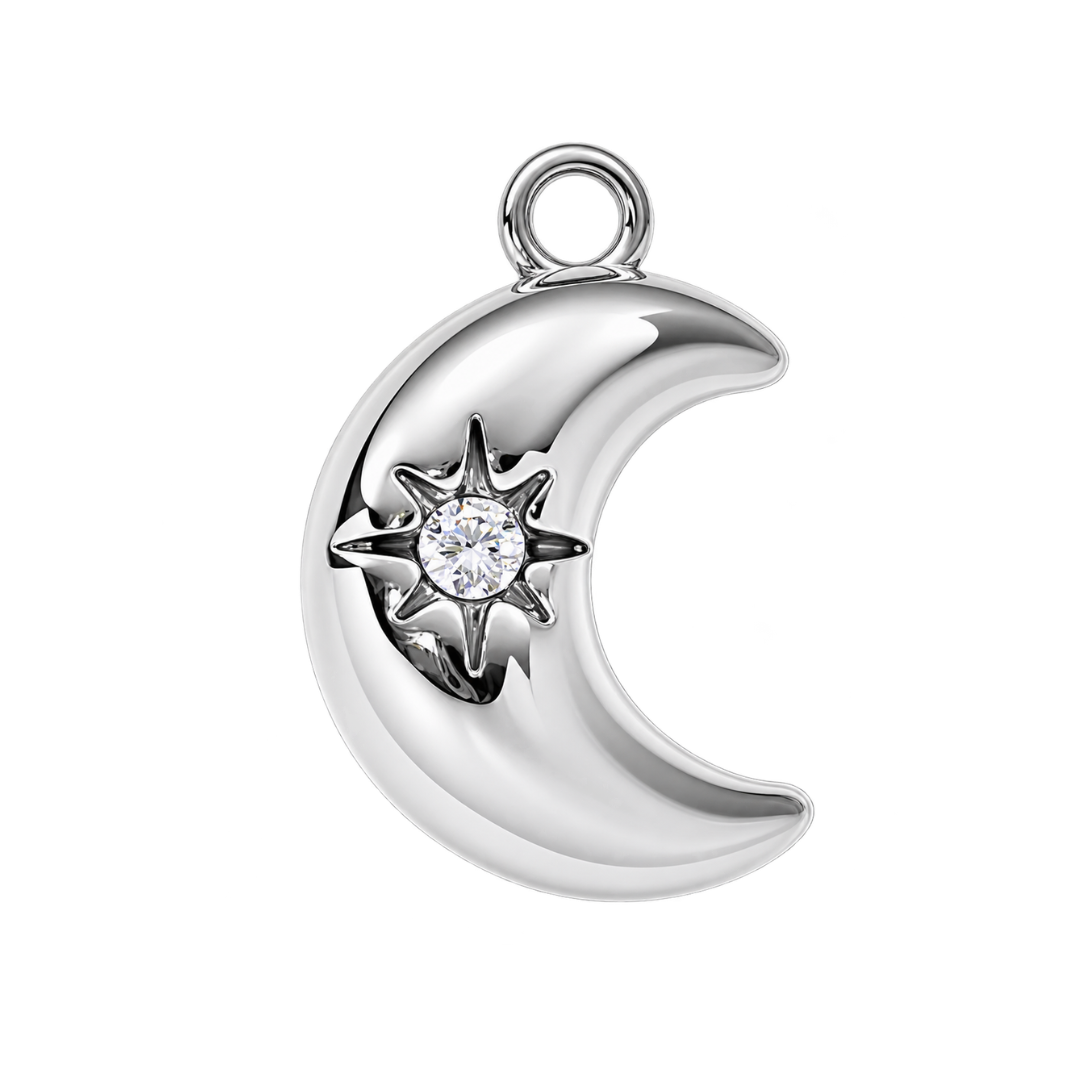 A polished silver crescent moon pendant with a star and clear gemstone in the center, shown on a white background with a green 'NEW ARRIVAL' banner in the top-left corner.