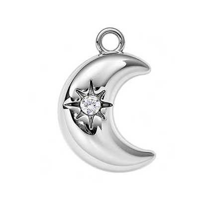 A polished silver crescent moon pendant with a star and clear gemstone in the center, shown on a white background with a green 'NEW ARRIVAL' banner in the top-left corner.