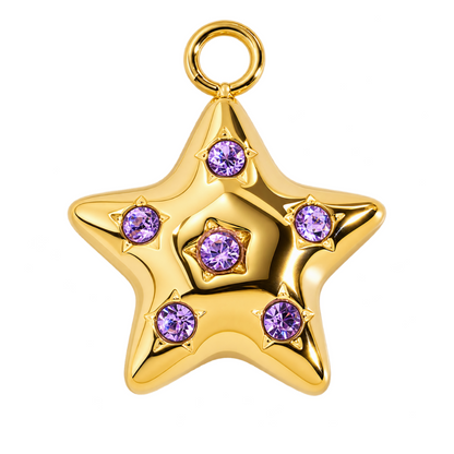 A gold star-shaped pendant charm with five purple gemstone accents, shown on a white background with a green 'NEW ARRIVAL' banner in the top-left corner.