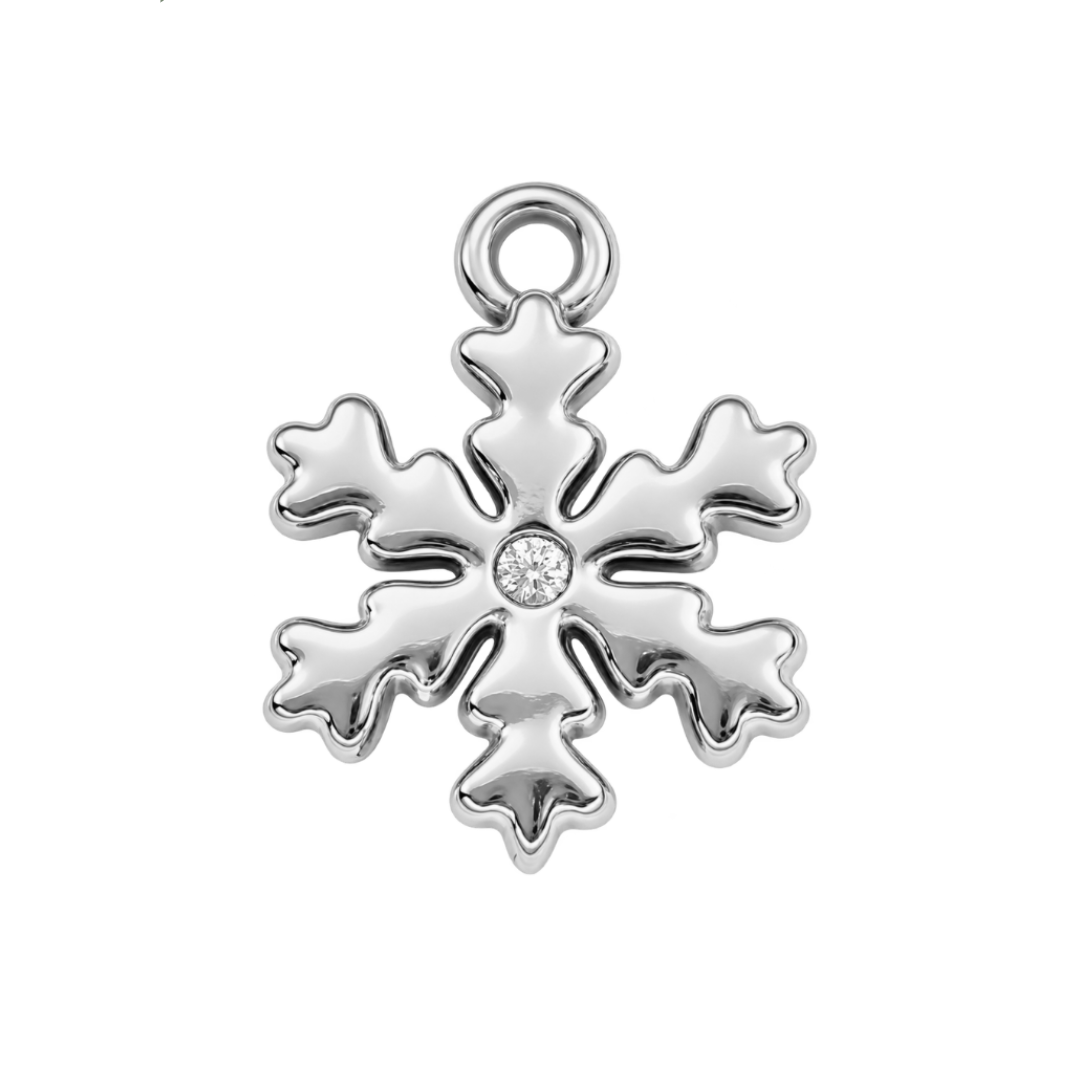 A silver snowflake charm pendant with a small clear crystal in the center, shown on a white background with a green 'NEW ARRIVAL' banner in the top-left corner.
