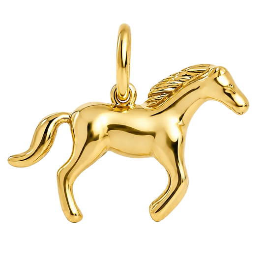 A polished yellow gold horse charm pendant with a detailed mane and tail, shown on a clean white background.