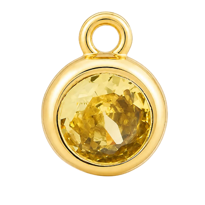 A round gold pendant charm featuring a faceted yellow gemstone in a bezel setting with a top loop, shown on a plain white background.