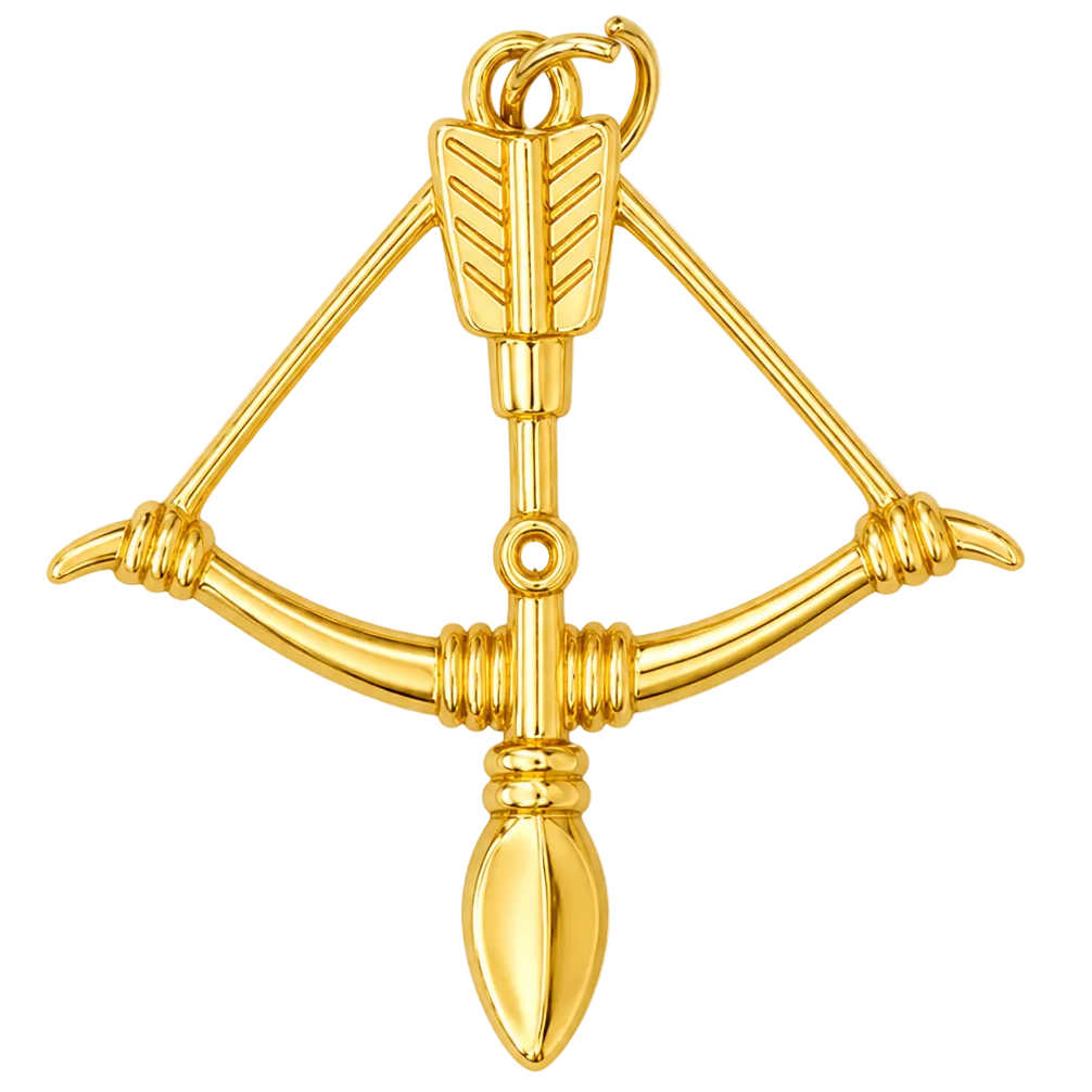 A polished gold bow and arrow pendant, isolated on a checkered gray and white background.