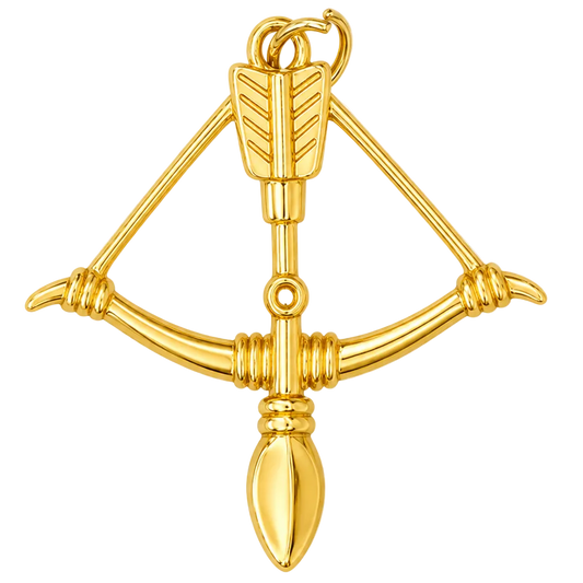 A polished gold bow and arrow pendant, isolated on a checkered gray and white background.