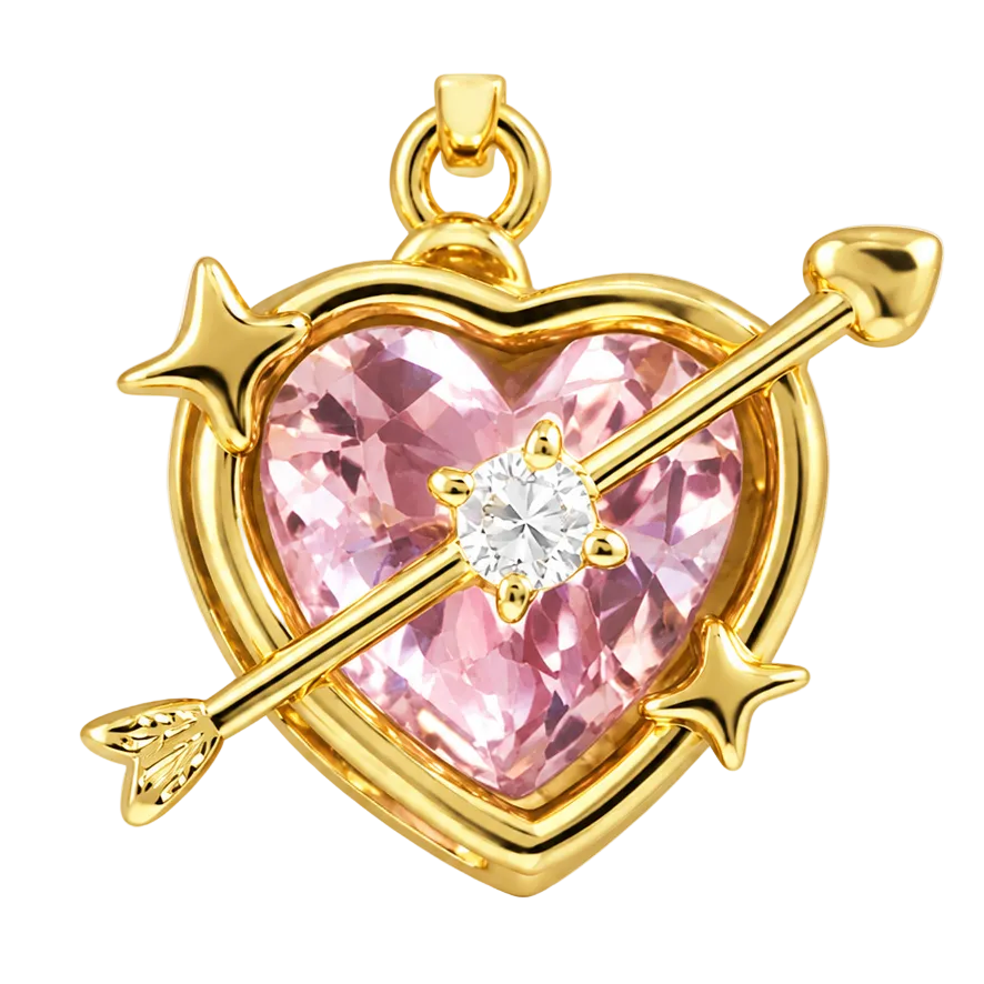 A gold heart-shaped pendant featuring a faceted pink gemstone in the center, crossed by a gold arrow with two small gold stars, on a plain white background.