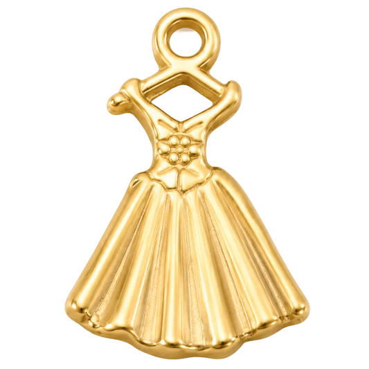 A polished gold charm shaped like a formal dress with a loop at the top, shown on a clean white background.