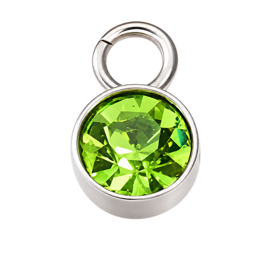 A round faceted green gemstone charm in a silver bezel setting with a split ring, isolated on a white background.