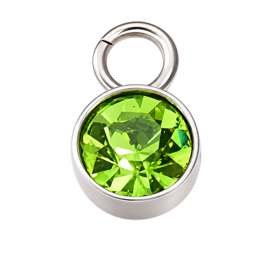 A round faceted green gemstone charm in a silver bezel setting with a split ring, isolated on a white background.