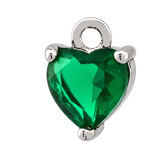A heart-shaped green faceted gemstone charm set in a polished silver-tone metal prong setting with a top loop, shown on a plain white background.