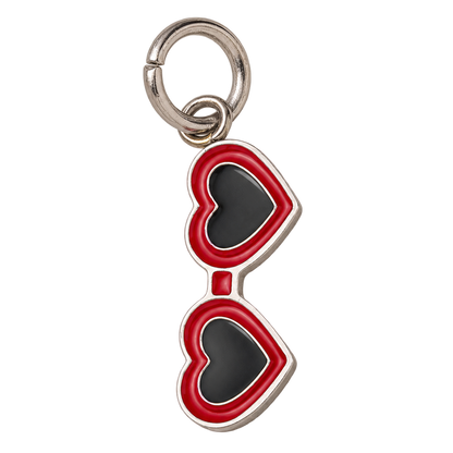 A heart-shaped sunglasses charm with red and black enamel details and a silver-tone metal clasp, shown on a plain white background.