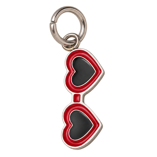 A heart-shaped sunglasses charm with red and black enamel details and a silver-tone metal clasp, shown on a plain white background.
