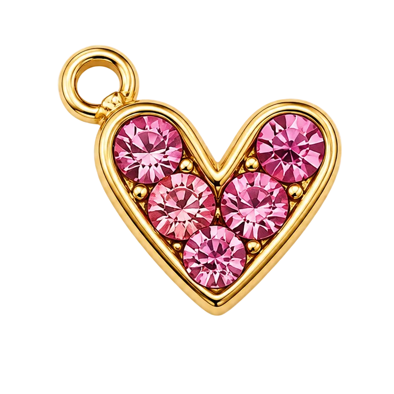 A heart-shaped gold pendant charm featuring five round-cut pink gemstones in a pave setting, with a small top loop, shown on a white and gray checkered background.