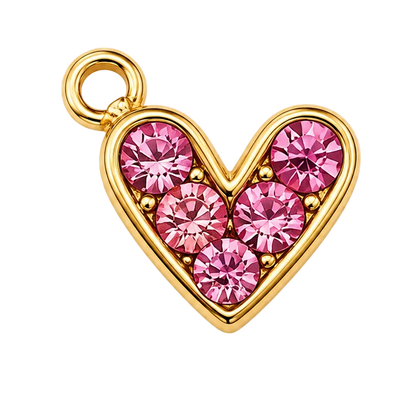 A heart-shaped gold pendant charm featuring five round-cut pink gemstones in a pave setting, with a small top loop, shown on a white and gray checkered background.