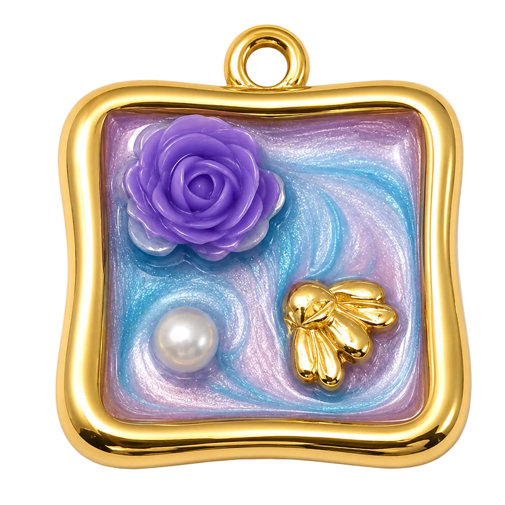 A square gold pendant with a rounded wavy border, featuring a purple rose, a small gold bee, and a white pearl on a swirling blue and lavender background, shown on a plain white background.