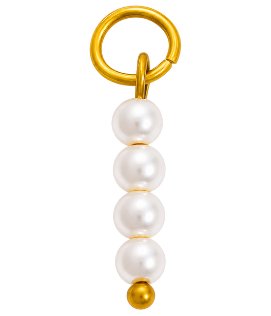 A gold-toned jewelry charm featuring a split ring at the top, four vertically aligned white pearls, and a small polished gold bead at the bottom, isolated on a white background.