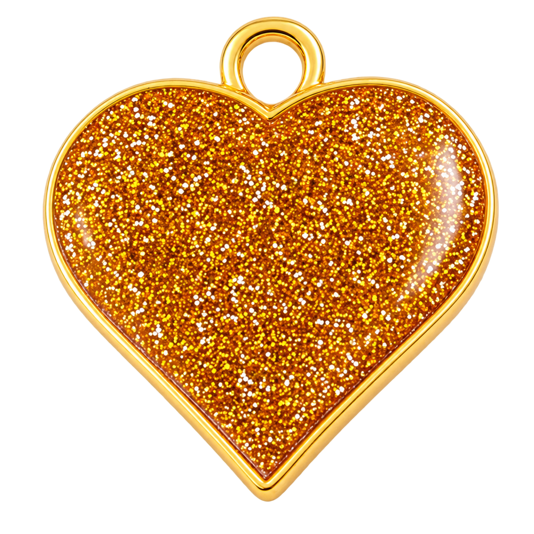 A heart-shaped pendant charm with a gold-tone metal border and loop, filled with dense reflective orange glitter, shown on a plain white background.