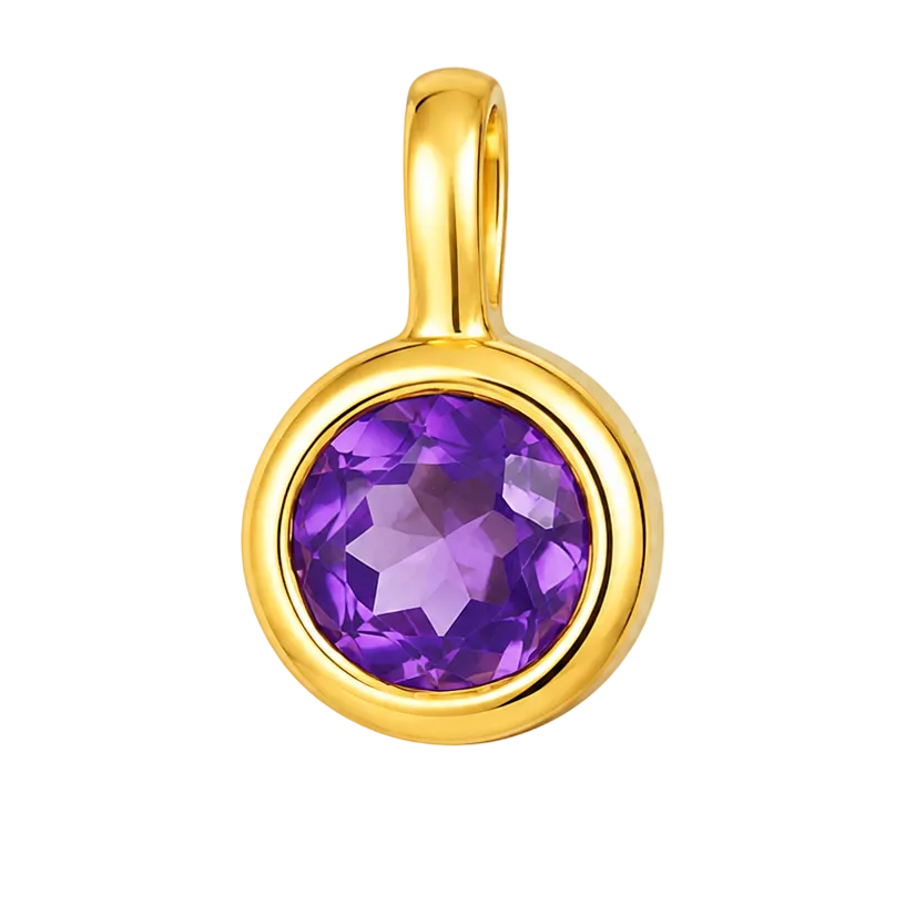 A gold pendant with a bezel-set round purple amethyst gemstone, shown on a solid white background.