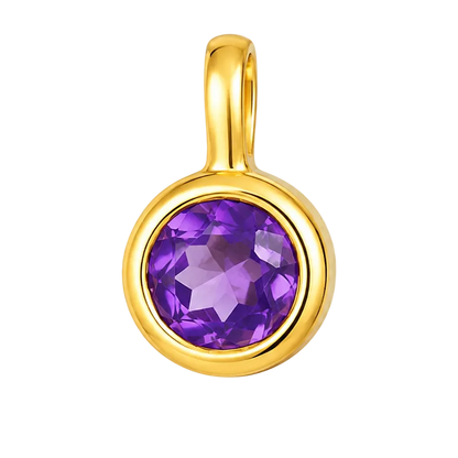 A gold pendant with a bezel-set round purple amethyst gemstone, shown on a solid white background.