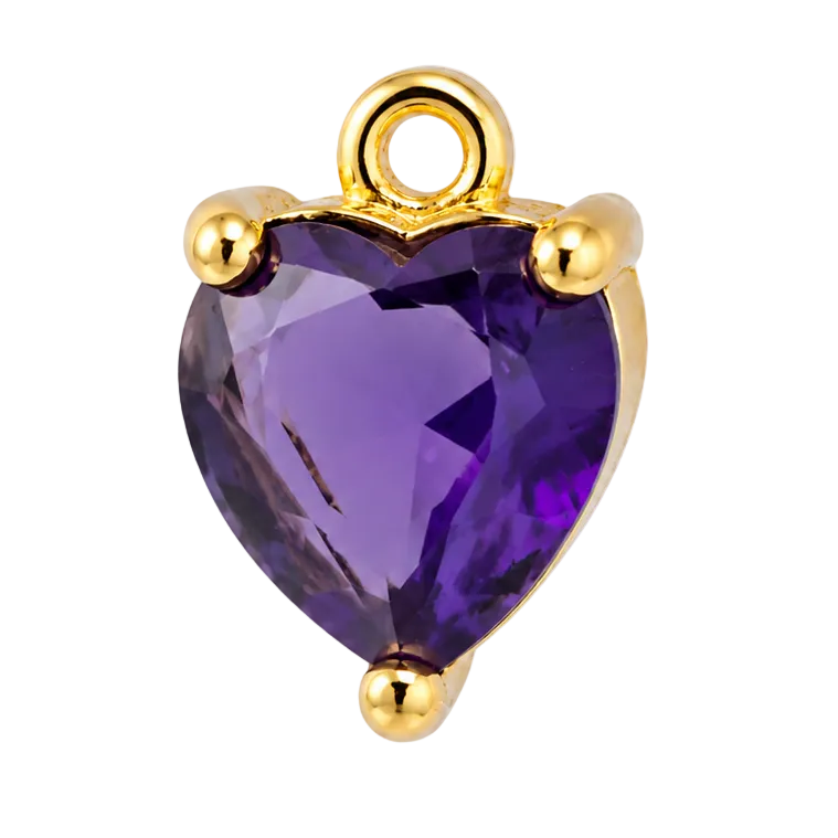 A heart-shaped purple amethyst gemstone pendant charm set in a gold-plated prong setting with a top loop, shown on a plain white background.