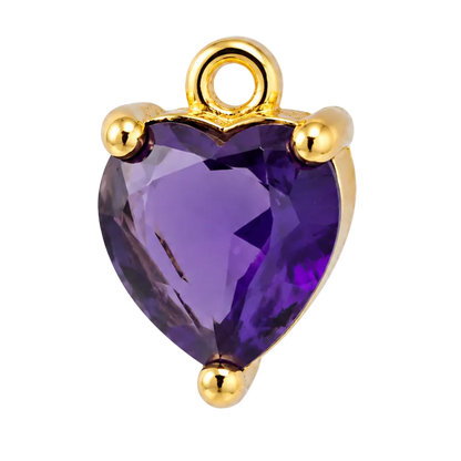 A heart-shaped purple amethyst gemstone pendant charm set in a gold-plated prong setting with a top loop, shown on a plain white background.