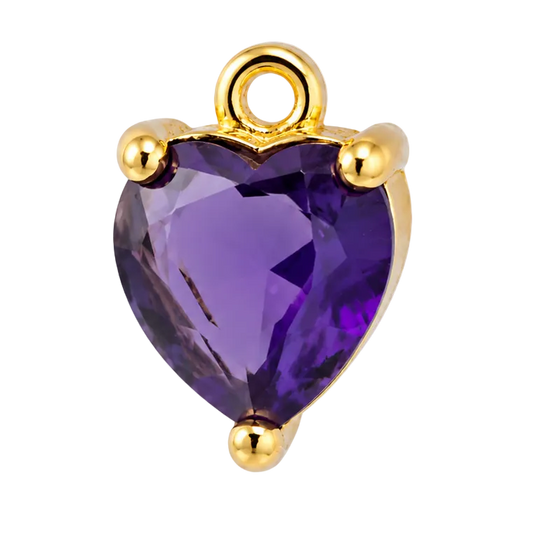 A heart-shaped purple amethyst gemstone pendant charm set in a gold-plated prong setting with a top loop, shown on a plain white background.