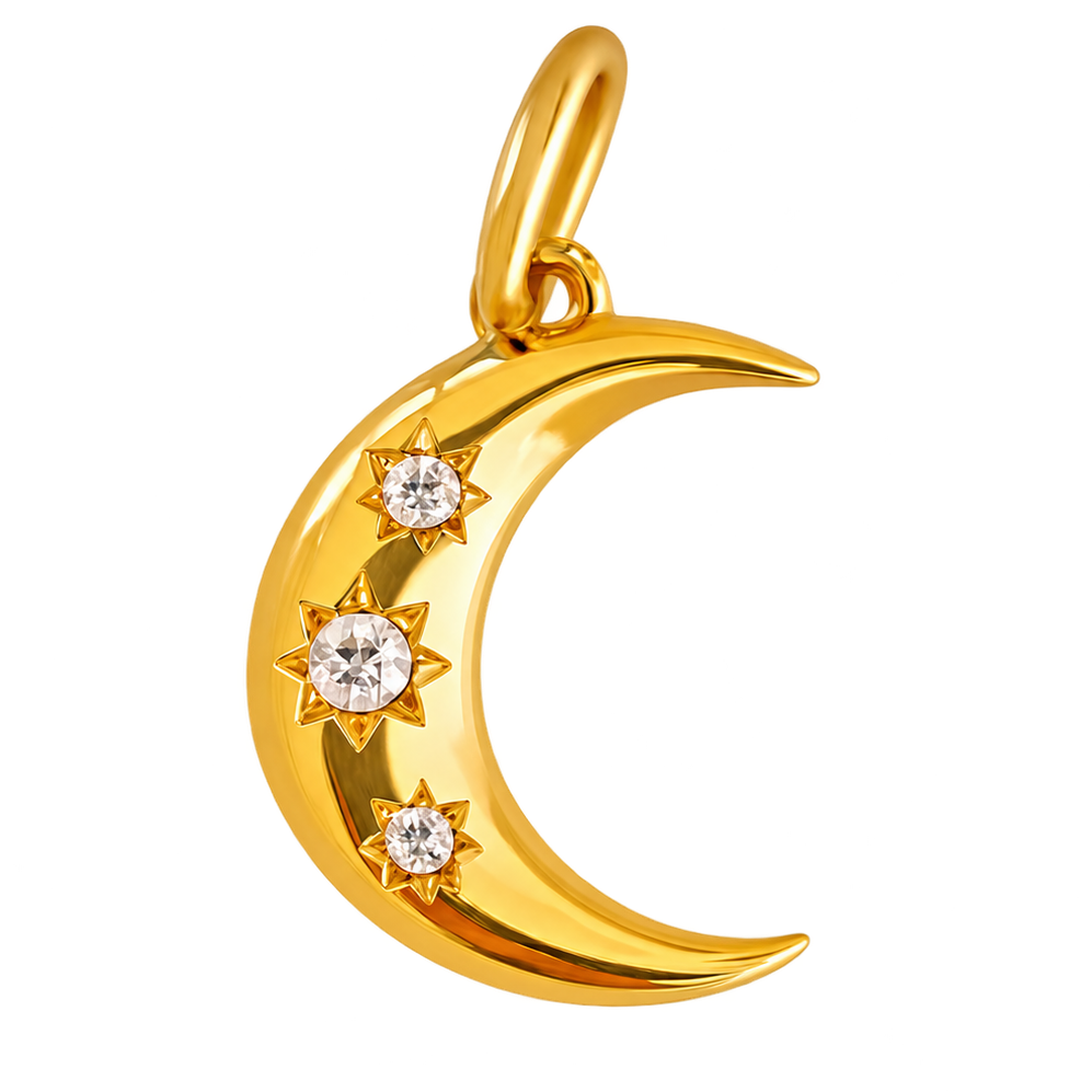 A polished gold crescent moon pendant featuring three small star-shaped settings with clear round gemstones, shown on a plain white background.