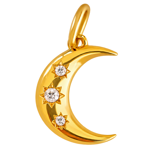 A polished gold crescent moon pendant featuring three small star-shaped settings with clear round gemstones, shown on a plain white background.