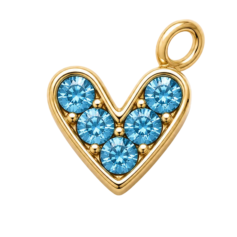 A gold heart-shaped pendant charm featuring five round-cut light blue gemstones, set against a plain white background.