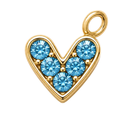 A gold heart-shaped pendant charm featuring five round-cut light blue gemstones, set against a plain white background.