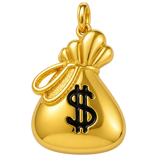 A polished gold money bag pendant charm featuring a black dollar sign on the front, set against a clean white background.