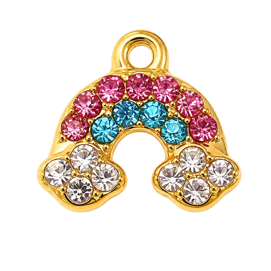 Gold rainbow charm with pink, blue, and clear rhinestones on a white and gray checkered background.